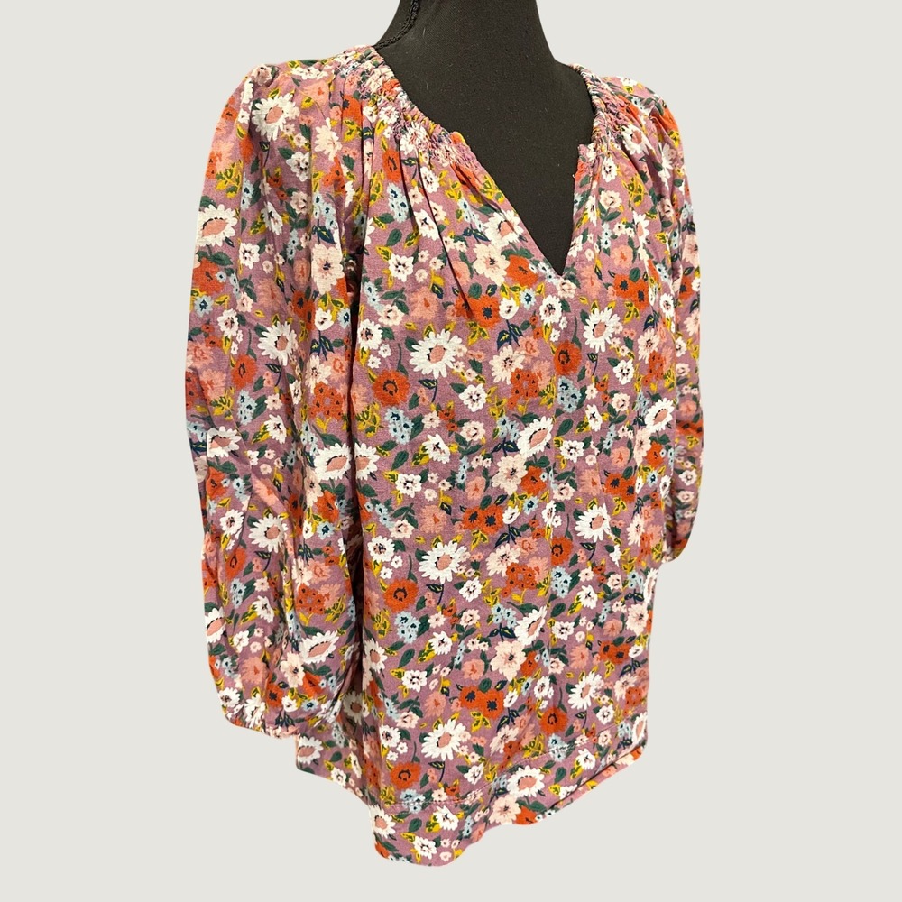 Dip Womens Lila Floral Linen Blend V Neck Puff Sleeve Blouse Medium M RN2936
